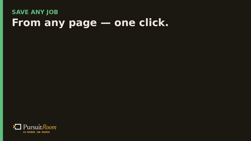 Saving a job with the PursuitRoom Chrome extension: job posting → saved lead → match score → in your pipeline