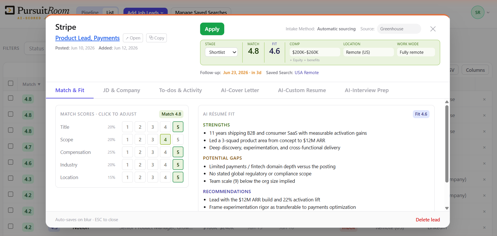 Lead detail — Match and Fit scores with an AI résumé-fit breakdown.