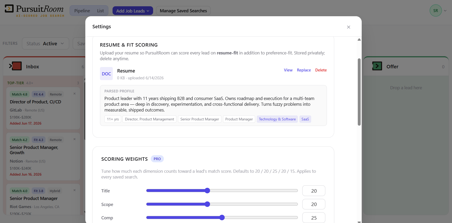 Settings — résumé-fit scoring and account preferences.