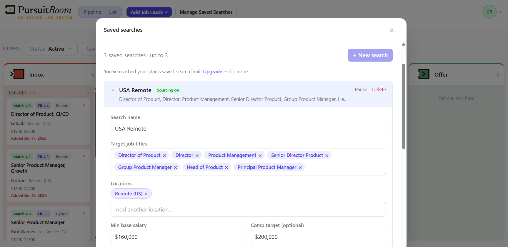 Editing a saved search — titles, locations, compensation and work modes.
